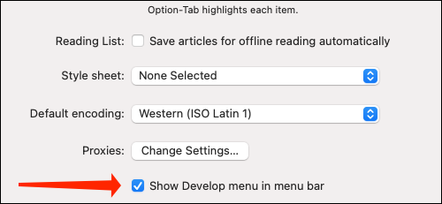 Habilitar Mostrar menu de desenvolvimento na barra de menu