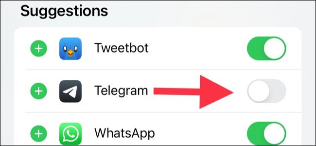 Toque no botão verde para remover o Telegram da folha de compartilhamento do iPhone