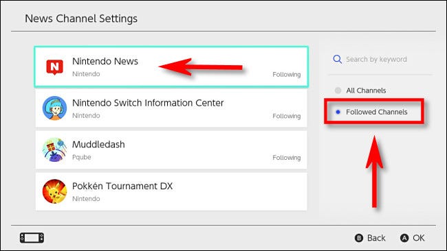 Em Nintendo Switch News Channel Settings, selecione "Followed Channels".  Em seguida, toque no canal de notícias que deseja parar de seguir.