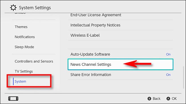 Nas configurações do console Nintendo Switch, selecione "Sistema" e "Configurações do canal de notícias".