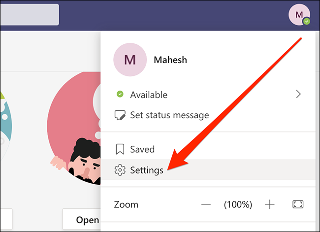 Configurações do Microsoft Teams na área de trabalho