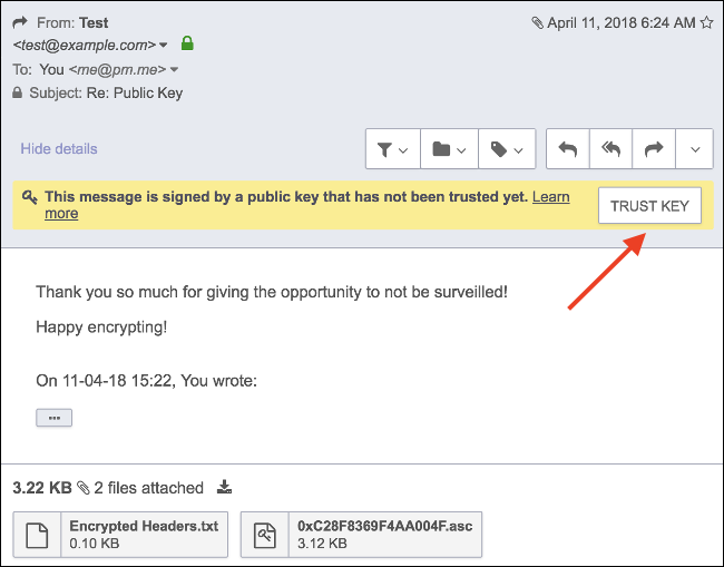 Confie na chave pública (PGP) no ProtonMail