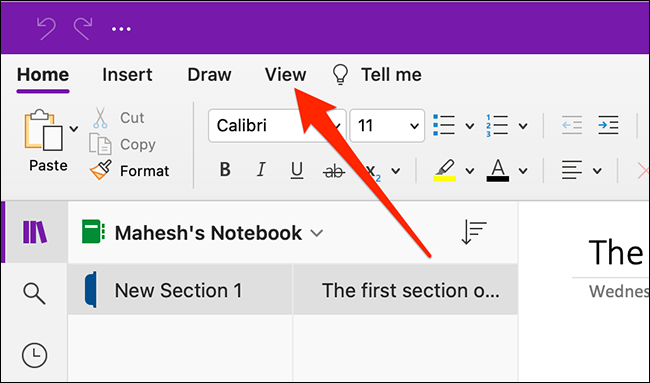 O menu Exibir no OneNote para Mac