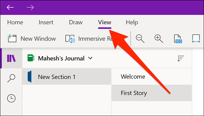 O menu Exibir no OneNote