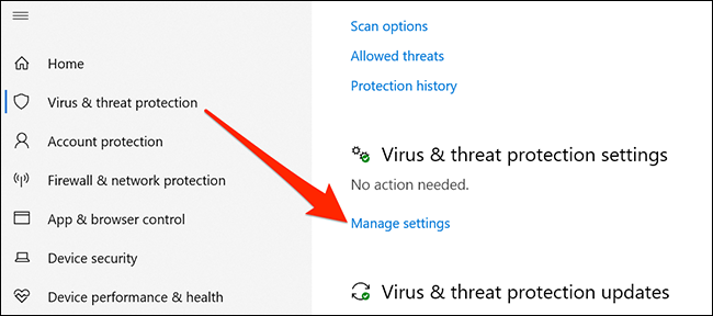 Configurações de proteção contra vírus e ameaças