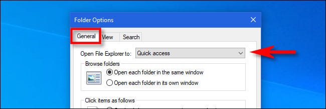 Clique em "Geral" e, em seguida, clique no menu "Abrir o File Explorer para".