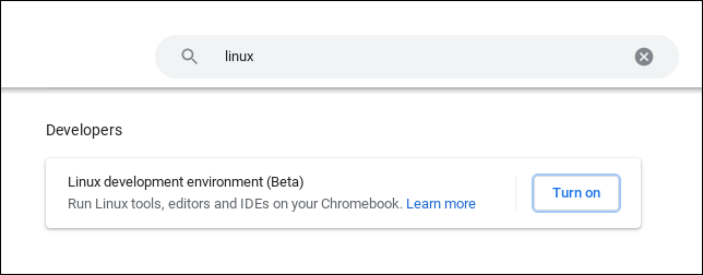 Página de configurações do ChromeOS com "Linux" na barra de pesquisa