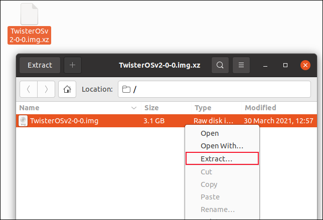 Gerenciador de arquivos com arquivo Twister OS aberto