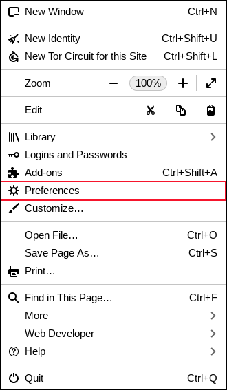 Opção de preferências no menu do navegador Tor