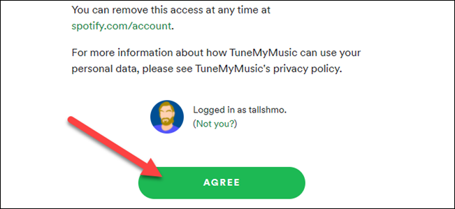 dê ao tune my music acesso à sua conta do Spotify