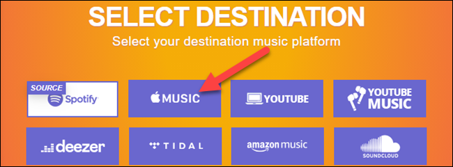 selecione apple music como plataforma de destino