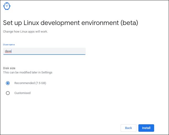 Definir um nome de usuário na instalação do ChromeOS Linux