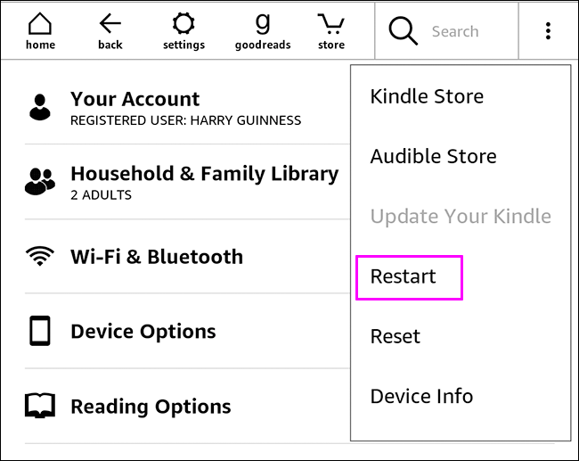 opção de reinicialização do kindle