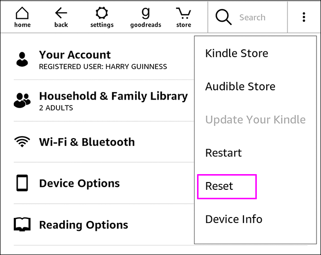 opção de reset do kindle