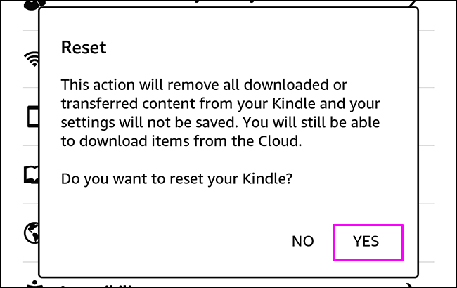 caixa de diálogo de redefinição do kindle