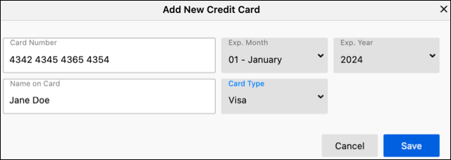 Adicionar um novo cartão de crédito de preenchimento automático