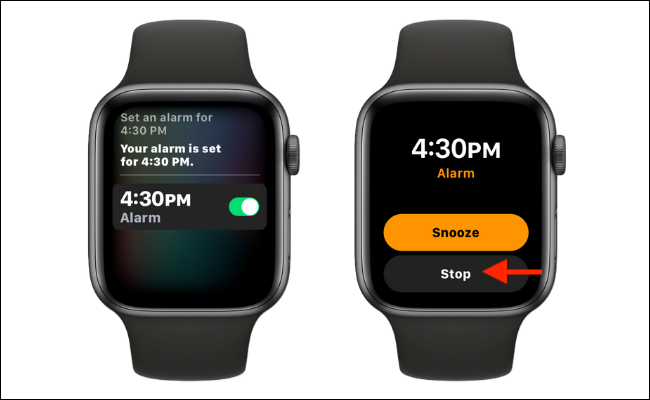Usuário do Apple Watch configurando um alarme usando o Siri.