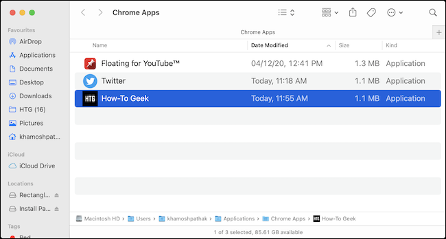 A pasta de aplicativos do Chrome no Mac mostrando todos os aplicativos da web instalados.