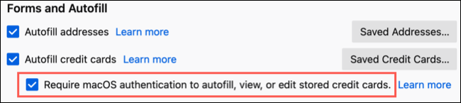 Marque a caixa para autenticar o preenchimento automático para cartões de crédito