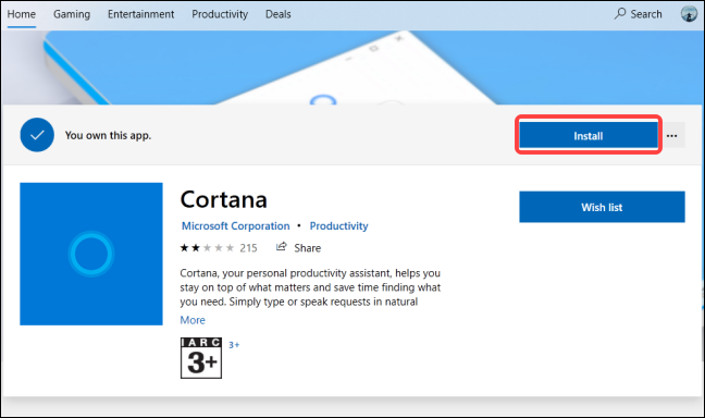 Clique no botão "Instalar" para instalar o aplicativo Cortana em seu computador.