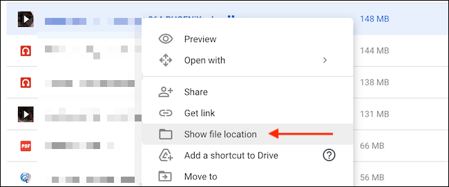 Para encontrar a localização de um arquivo, clique em "Mostrar localização do arquivo" no menu do botão direito.