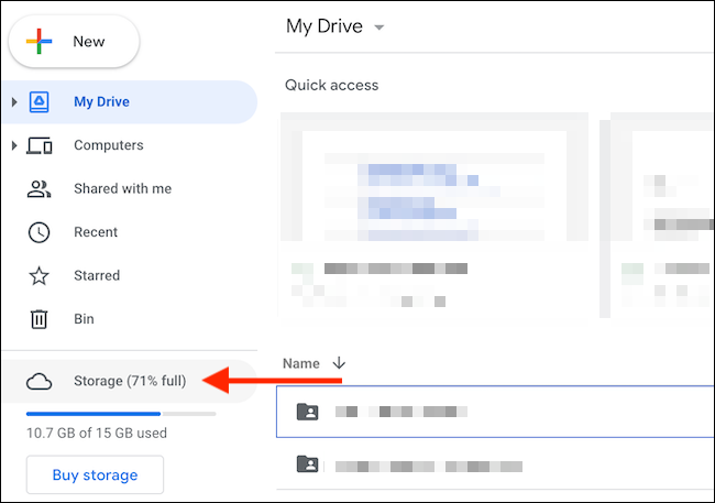 Na barra lateral do Google Drive, escolha a opção "Armazenamento".
