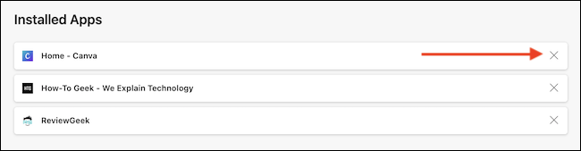 Clique no botão "X" ao lado de um aplicativo para removê-lo. 