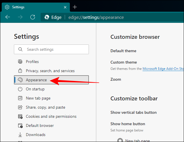 Clique em Appearance em Settings of Edge