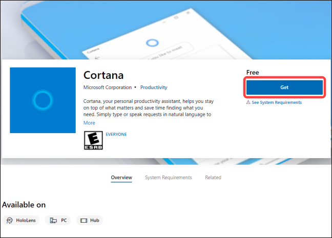 Clique no botão "Obter" para adicionar o aplicativo Cortana à sua biblioteca.