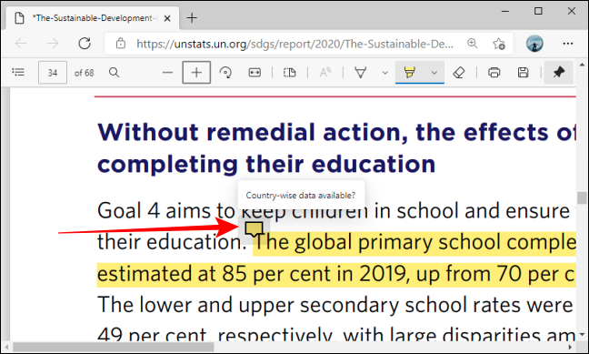 Cartão Bubble Hover do comentário no Microsoft Edge para PDFs