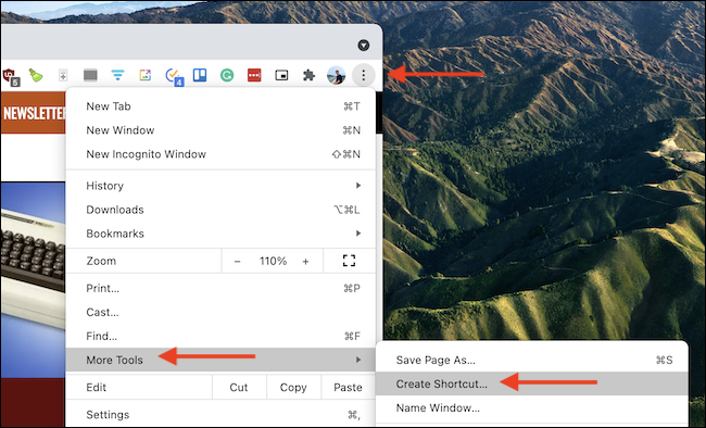Na barra de ferramentas do Chrome, selecione Menu> Mais ferramentas> Criar atalho.
