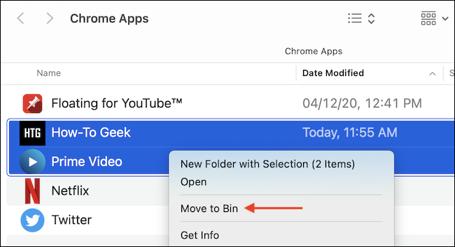 Clique com o botão direito em um aplicativo e escolha "Mover para a lixeira" para excluir o aplicativo do Chrome.