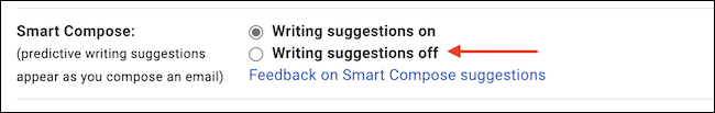 Na seção "Composição inteligente", escolha "Desativar sugestões de escrita" para desativar o recurso.