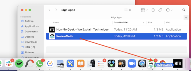 Arraste o aplicativo da pasta Edge Apps para o Dock. 