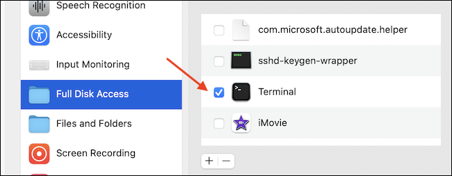 Habilitar acesso total ao disco para Terminal App