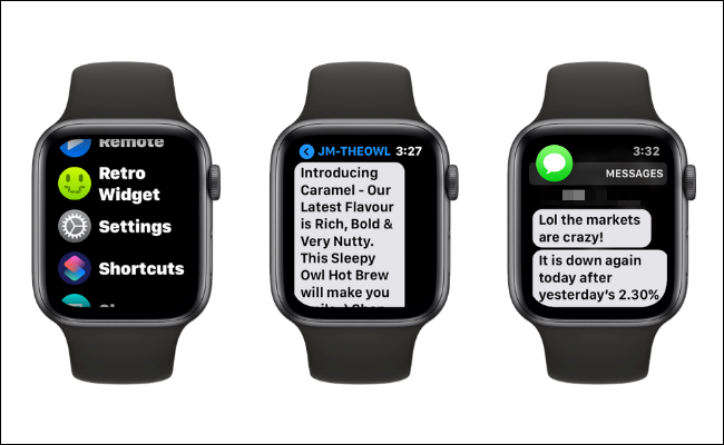 Exemplos de aumento do tamanho do texto no Apple Watch