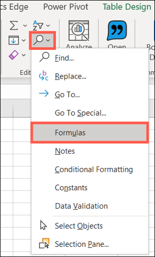 Vá para a guia Página inicial, clique em Localizar e selecionar, escolha Fórmulas