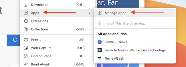 No menu do Edge, vá para Aplicativos> Gerenciar aplicativos. 