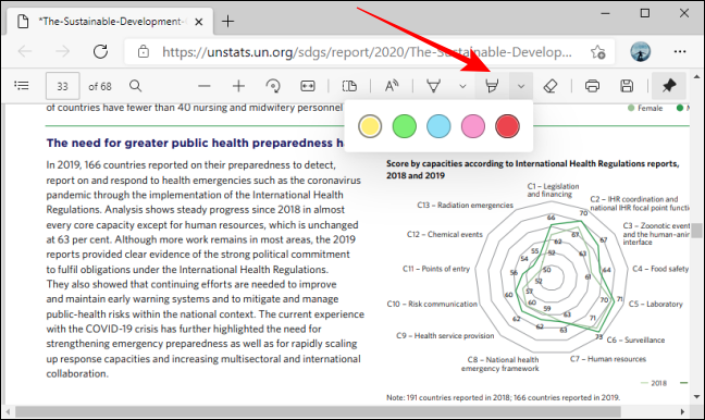 Destaque as opções de cores da ferramenta na barra de ferramentas PDF no Microsoft Edge