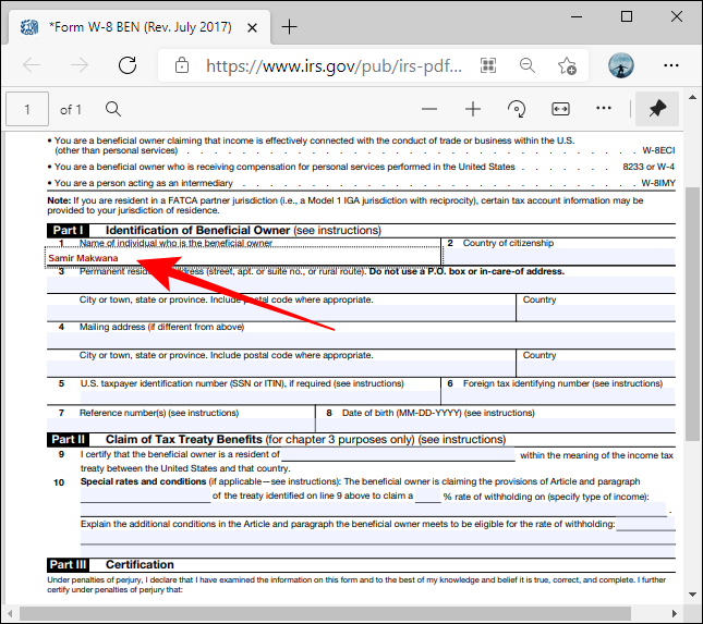 Formulário PDF de caixas destacadas no Microsoft Edge