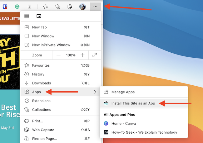 Clique no botão Menu na barra de ferramentas do Edge e escolha Aplicativos> Instalar este site como um aplicativo. 