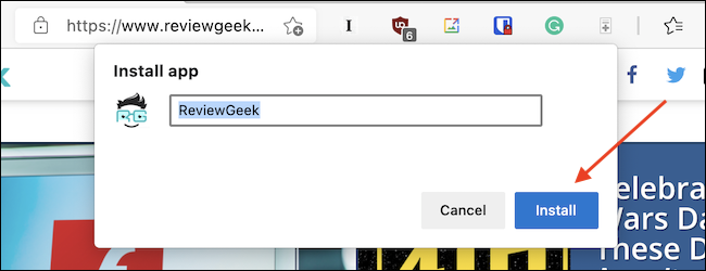 Clique em "Instalar" no pop-up para instalar o site como um aplicativo.