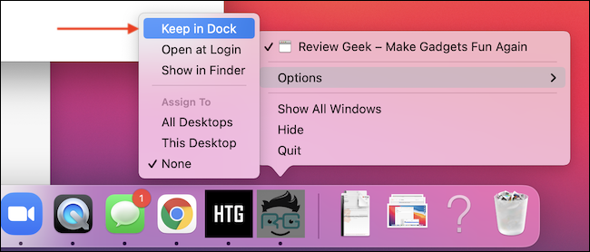 Use "Keep in Dock" no menu do botão direito para adicionar o aplicativo ao Dock. 
