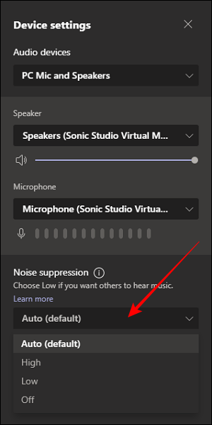 Opção de supressão de ruído nas configurações do dispositivo no Microsoft Teams