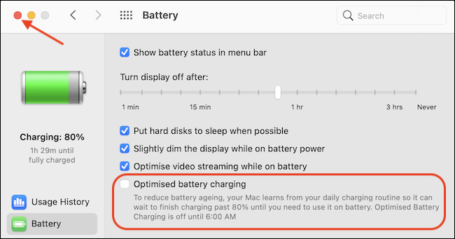 Após desativar o recurso de carregamento otimizado da bateria, clique no botão vermelho Fechar para sair das Preferências do sistema. 