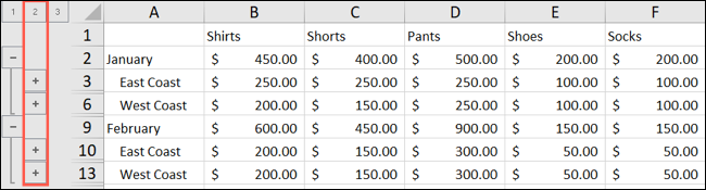 Excel Outline Nível 2