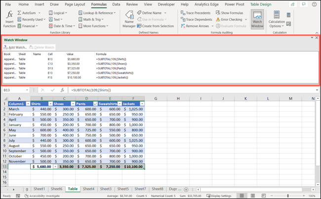 Janela de observação encaixada no Excel