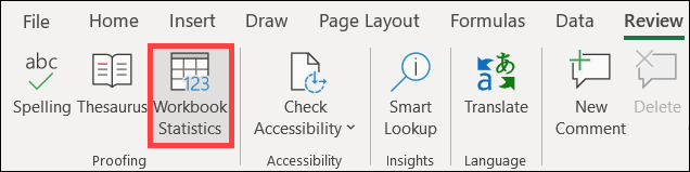 Clique em Estatísticas da pasta de trabalho na guia Revisão