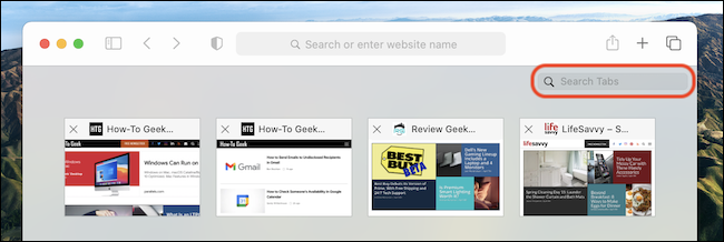 A barra "Search Tabs" no Tab Switcher do Safari no Mac