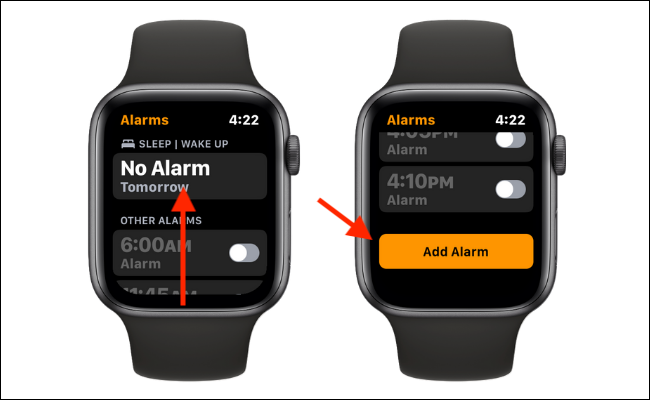 Role para cima no aplicativo Alarmes no Apple Watch e toque no botão "Adicionar Alarme".
